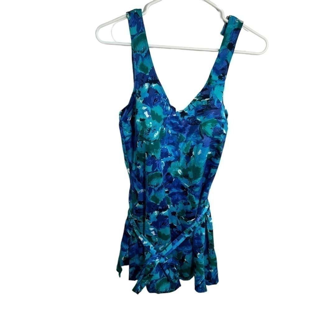 Vintage Maxine of Hollywood Women's One Piece Swimsuit Teal Blue Floral Skirt